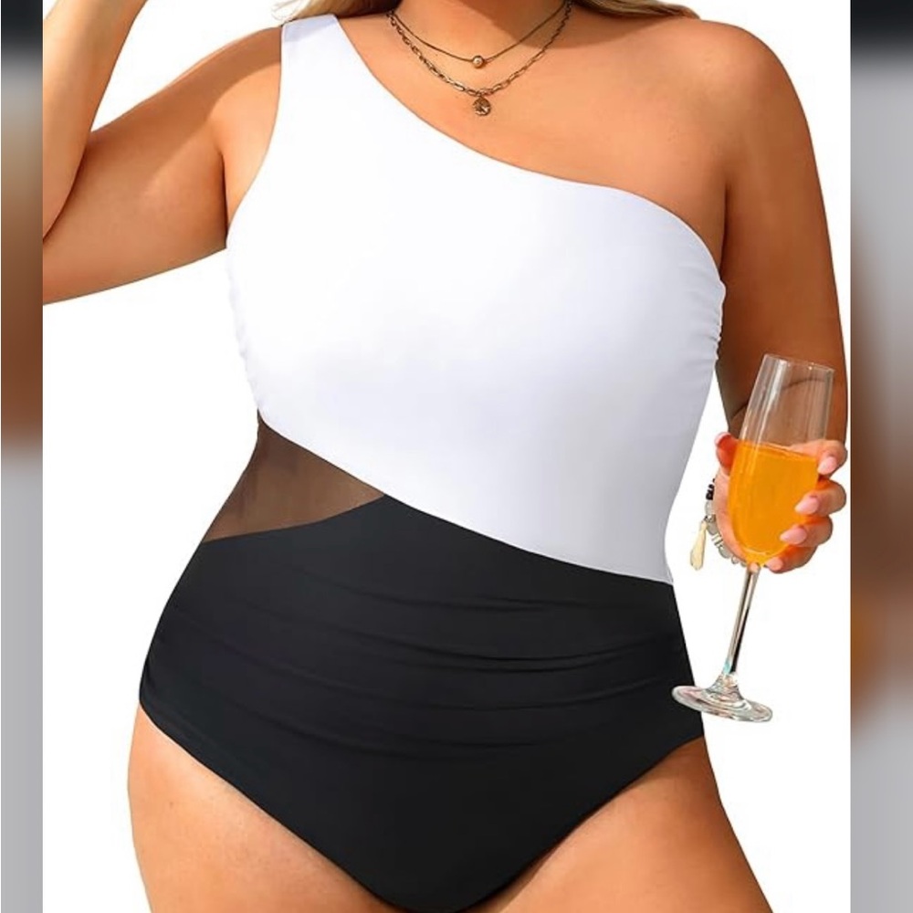 Elegant One-Shoulder Black and White Swimsuit
